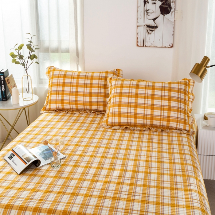 91家纺网 家纺一手货源 找家纺 优姿 2024新款全棉色织水洗棉床盖格子系列床盖三件套 格子桔色