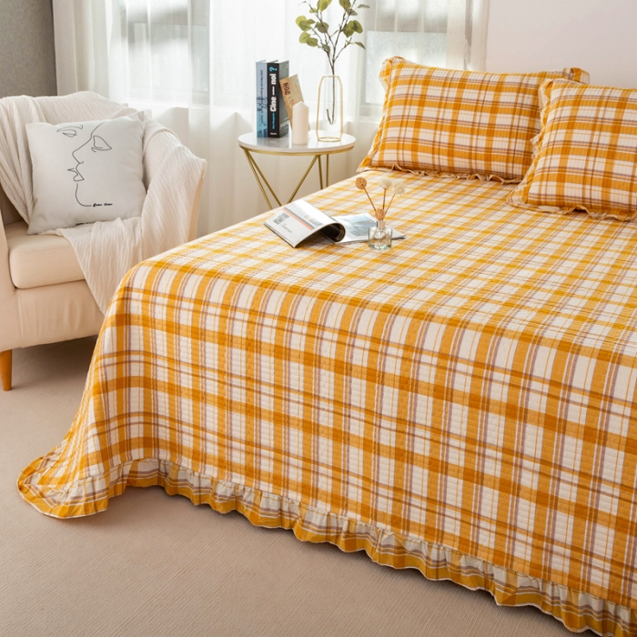 91家纺网 家纺一手货源 找家纺 优姿 2024新款全棉色织水洗棉床盖格子系列床盖三件套 格子桔色