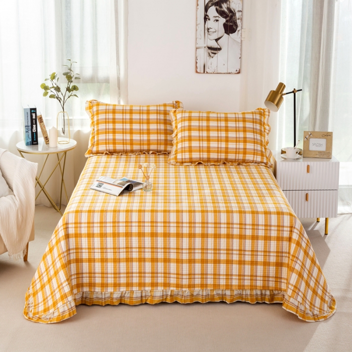91家纺网 家纺一手货源 找家纺 优姿 2024新款全棉色织水洗棉床盖格子系列床盖三件套 格子桔色