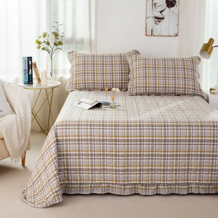 91家纺网 家纺一手货源 找家纺 优姿 2024新款全棉色织水洗棉床盖格子系列床盖三件套 格子咖
