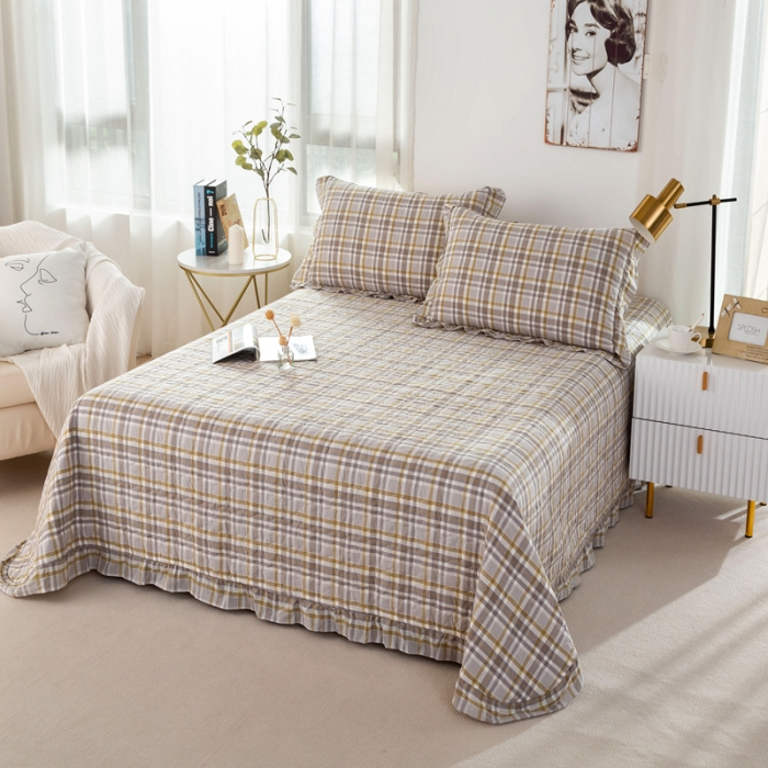 91家纺网 家纺一手货源 找家纺 优姿 2024新款全棉色织水洗棉床盖格子系列床盖三件套 格子咖