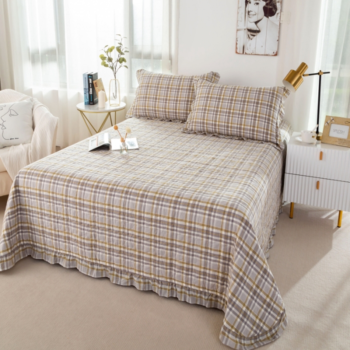 91家纺网 家纺一手货源 找家纺 优姿 2024新款全棉色织水洗棉床盖格子系列床盖三件套 格子咖