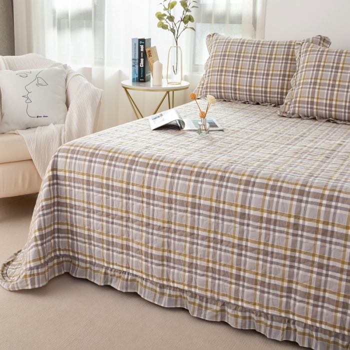 91家纺网 家纺一手货源 找家纺 优姿 2024新款全棉色织水洗棉床盖格子系列床盖三件套 格子咖