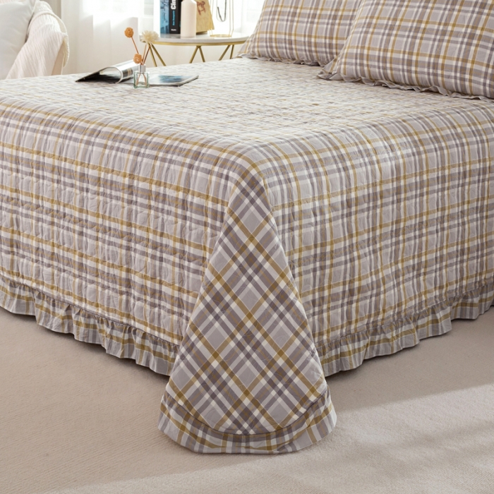 91家纺网 家纺一手货源 找家纺 优姿 2024新款全棉色织水洗棉床盖格子系列床盖三件套 格子咖