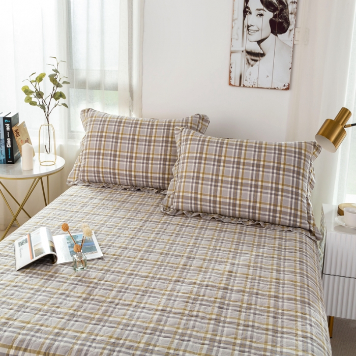 91家纺网 家纺一手货源 找家纺 优姿 2024新款全棉色织水洗棉床盖格子系列床盖三件套 格子咖