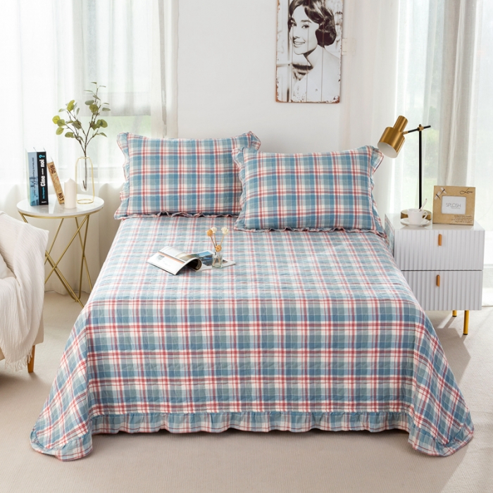 91家纺网 家纺一手货源 找家纺 优姿 2024新款全棉色织水洗棉床盖格子系列床盖三件套 格子蓝