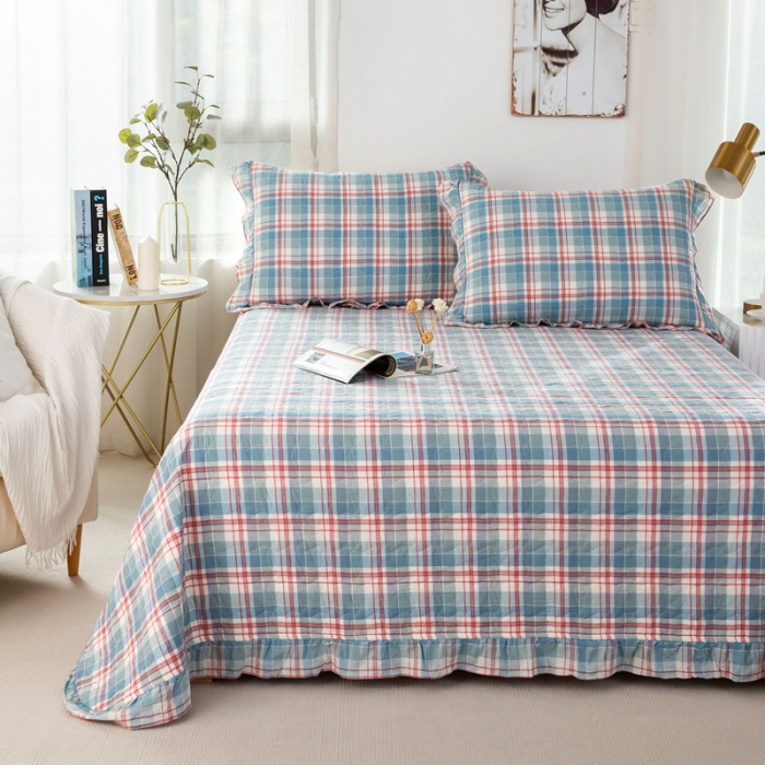 91家纺网 家纺一手货源 找家纺 优姿 2024新款全棉色织水洗棉床盖格子系列床盖三件套 格子蓝