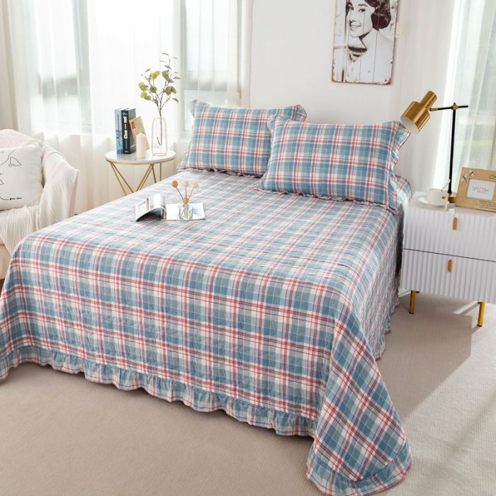 91家纺网 家纺一手货源 找家纺 优姿 2024新款全棉色织水洗棉床盖格子系列床盖三件套 格子蓝