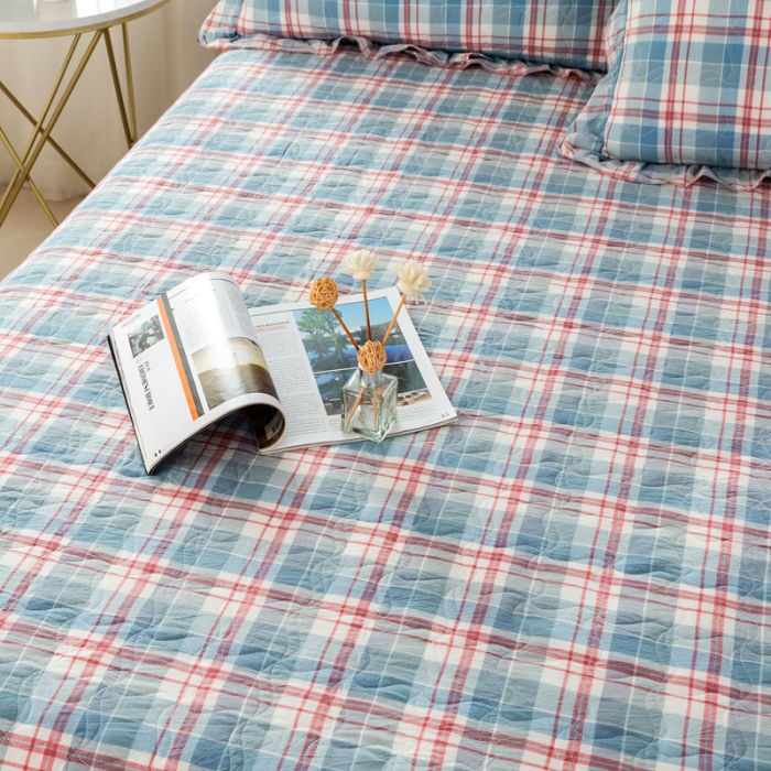 91家纺网 家纺一手货源 找家纺 优姿 2024新款全棉色织水洗棉床盖格子系列床盖三件套 格子蓝