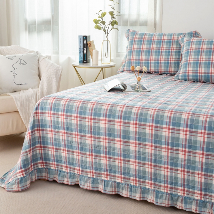 91家纺网 家纺一手货源 找家纺 优姿 2024新款全棉色织水洗棉床盖格子系列床盖三件套 格子蓝