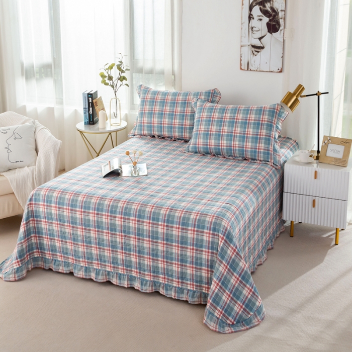 91家纺网 家纺一手货源 找家纺 优姿 2024新款全棉色织水洗棉床盖格子系列床盖三件套 格子蓝