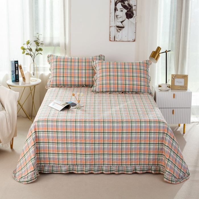 91家纺网 家纺一手货源 找家纺 优姿 2024新款全棉色织水洗棉床盖格子系列床盖三件套 格子绿桔