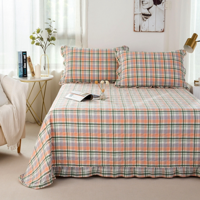 91家纺网 家纺一手货源 找家纺 优姿 2024新款全棉色织水洗棉床盖格子系列床盖三件套 格子绿桔