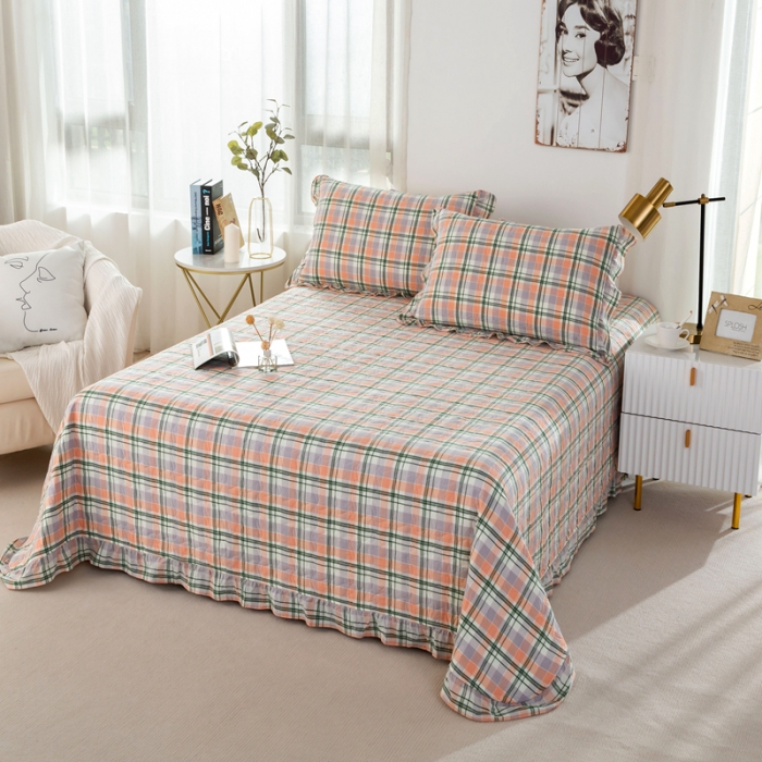 91家纺网 家纺一手货源 找家纺 优姿 2024新款全棉色织水洗棉床盖格子系列床盖三件套 格子绿桔