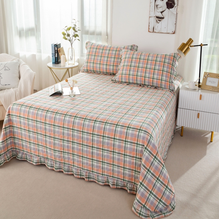 91家纺网 家纺一手货源 找家纺 优姿 2024新款全棉色织水洗棉床盖格子系列床盖三件套 格子绿桔
