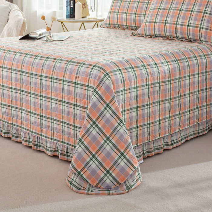 91家纺网 家纺一手货源 找家纺 优姿 2024新款全棉色织水洗棉床盖格子系列床盖三件套 格子绿桔