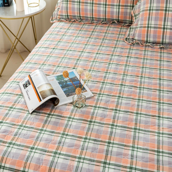 91家纺网 家纺一手货源 找家纺 优姿 2024新款全棉色织水洗棉床盖格子系列床盖三件套 格子绿桔