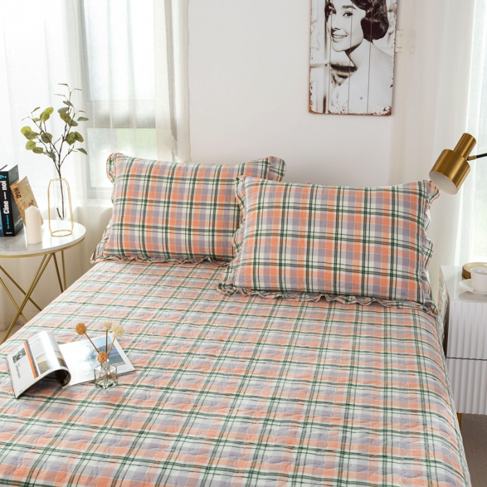 91家纺网 家纺一手货源 找家纺 优姿 2024新款全棉色织水洗棉床盖格子系列床盖三件套 格子绿桔