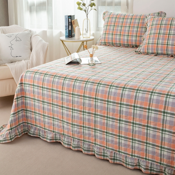 91家纺网 家纺一手货源 找家纺 优姿 2024新款全棉色织水洗棉床盖格子系列床盖三件套 格子绿桔