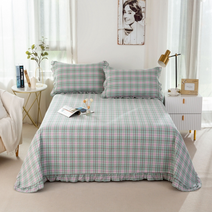 91家纺网 家纺一手货源 找家纺 优姿 2024新款全棉色织水洗棉床盖格子系列床盖三件套 格子优蓝