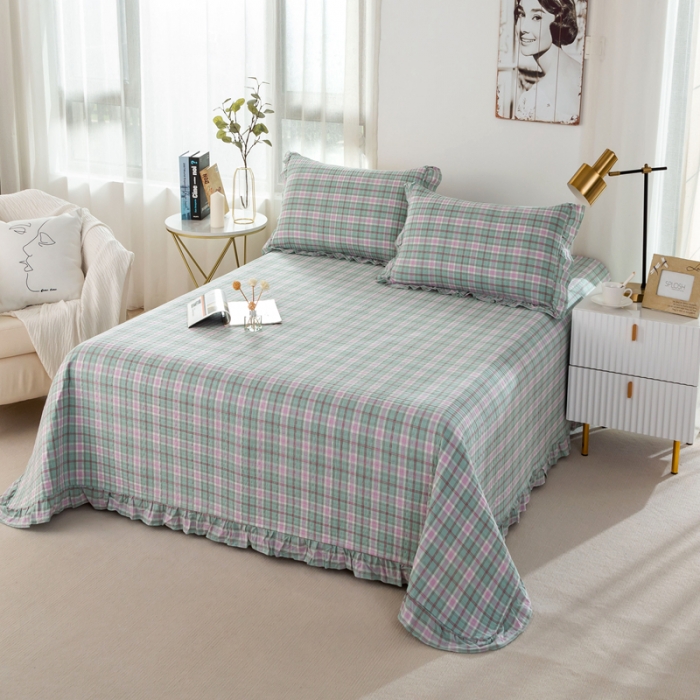 91家纺网 家纺一手货源 找家纺 优姿 2024新款全棉色织水洗棉床盖格子系列床盖三件套 格子优蓝