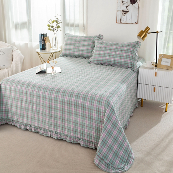 91家纺网 家纺一手货源 找家纺 优姿 2024新款全棉色织水洗棉床盖格子系列床盖三件套 格子优蓝