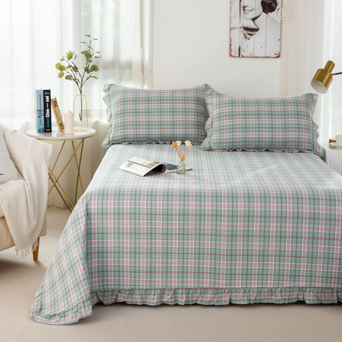 91家纺网 家纺一手货源 找家纺 优姿 2024新款全棉色织水洗棉床盖格子系列床盖三件套 格子优蓝