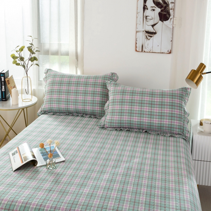 91家纺网 家纺一手货源 找家纺 优姿 2024新款全棉色织水洗棉床盖格子系列床盖三件套 格子优蓝