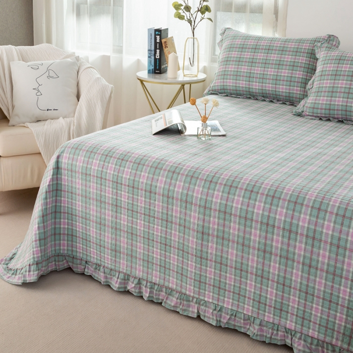 91家纺网 家纺一手货源 找家纺 优姿 2024新款全棉色织水洗棉床盖格子系列床盖三件套 格子优蓝