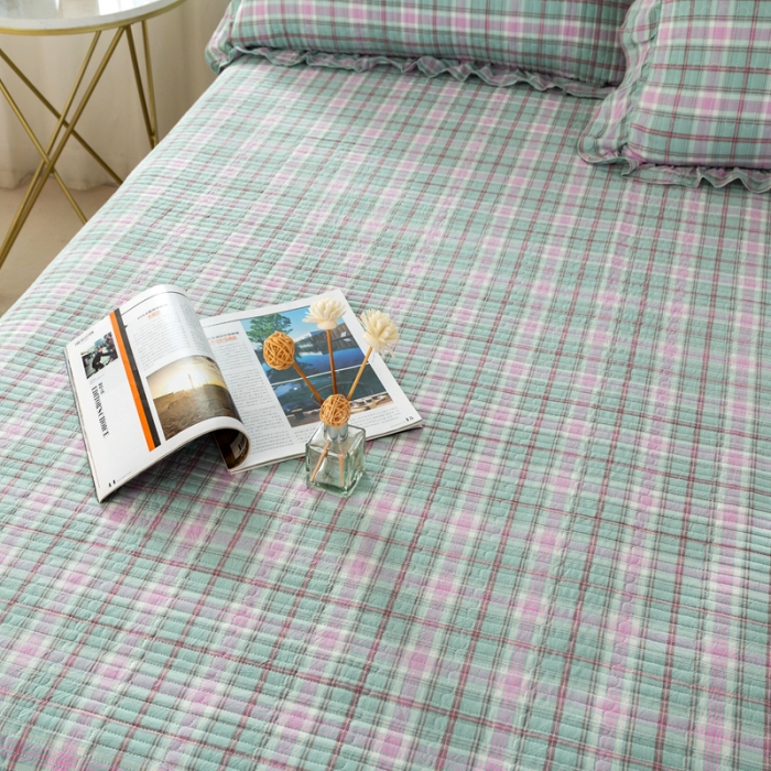 91家纺网 家纺一手货源 找家纺 优姿 2024新款全棉色织水洗棉床盖格子系列床盖三件套 格子优蓝