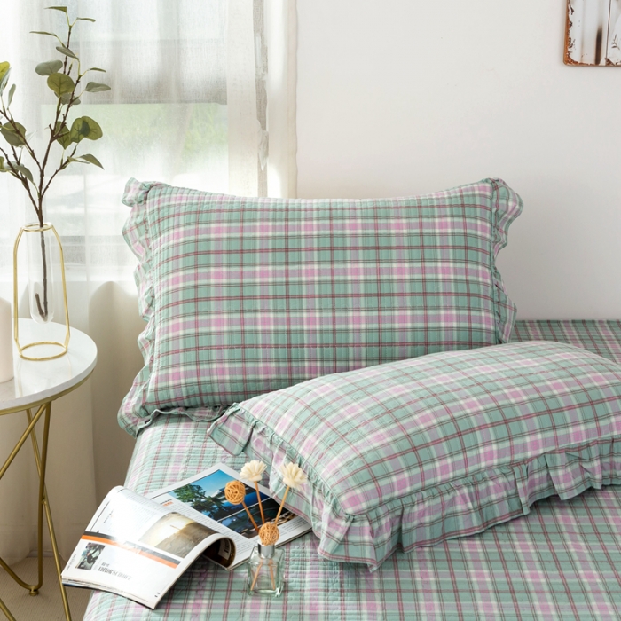 91家纺网 家纺一手货源 找家纺 优姿 2024新款全棉色织水洗棉床盖格子系列床盖三件套 格子优蓝