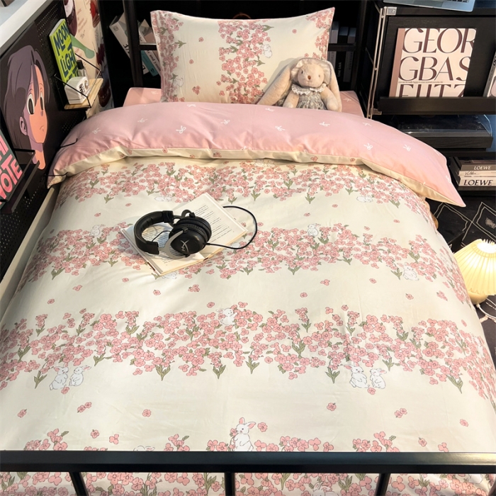 91家纺网 家纺一手货源 找家纺 HL原创 2023新款学生季宿舍套件三件套 小花兔-粉