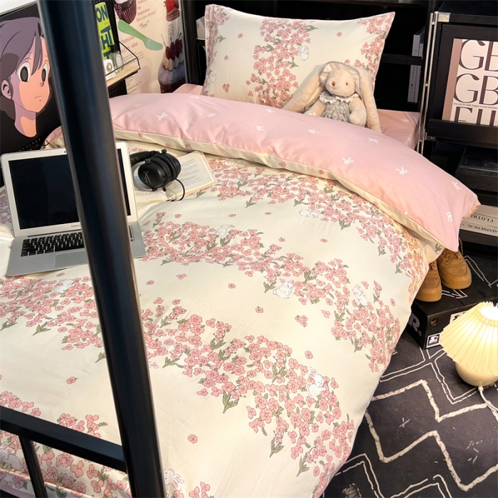 91家纺网 家纺一手货源 找家纺 HL原创 2023新款学生季宿舍套件三件套 小花兔-粉