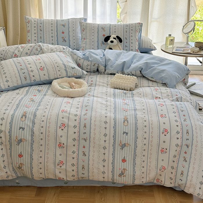 91家纺网 家纺一手货源 找家纺 三朵 2023新款全棉印花小清新系列四件套 彼得兔