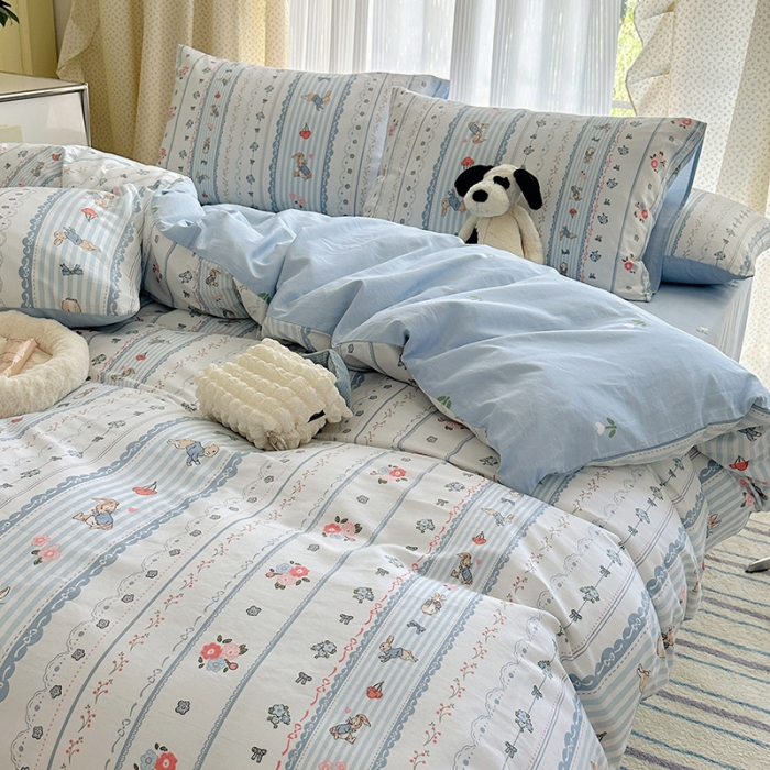 91家纺网 家纺一手货源 找家纺 三朵 2023新款全棉印花小清新系列四件套 彼得兔