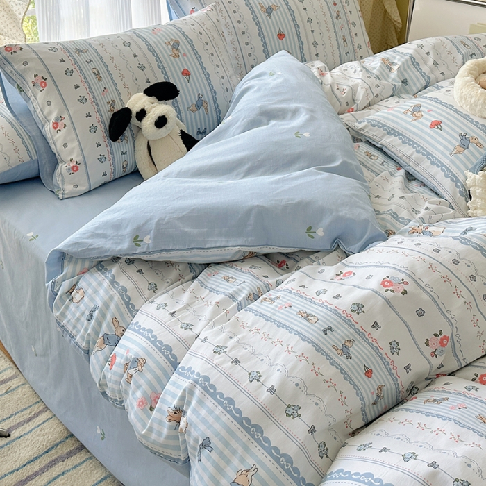 91家纺网 家纺一手货源 找家纺 三朵 2023新款全棉印花小清新系列四件套 彼得兔