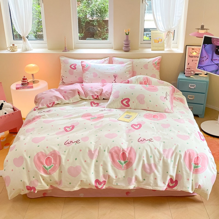 91家纺网 家纺一手货源 找家纺 桃子 2023新款ins小清新碎花卡通纯棉系列四件套 棉-爱心郁金香