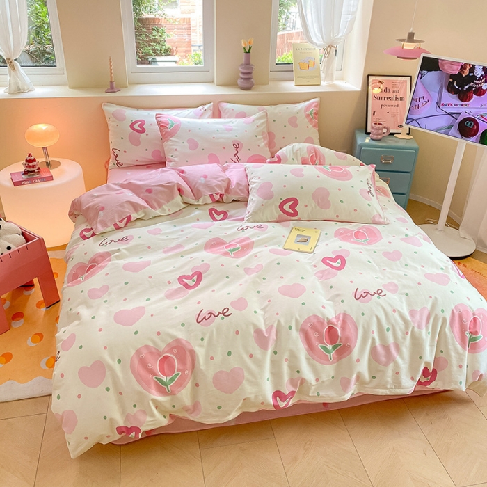 91家纺网 家纺一手货源 找家纺 桃子 2023新款ins小清新碎花卡通纯棉系列四件套 棉-爱心郁金香