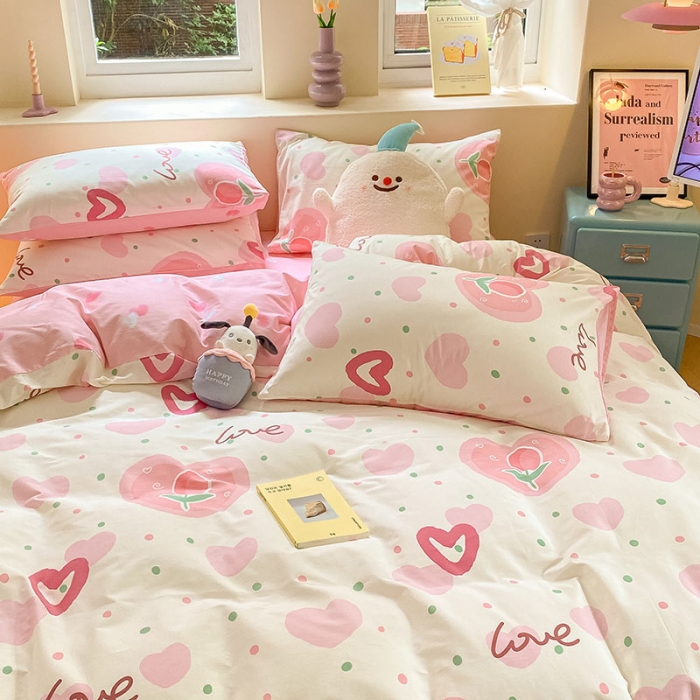 91家纺网 家纺一手货源 找家纺 桃子 2023新款ins小清新碎花卡通纯棉系列四件套 棉-爱心郁金香