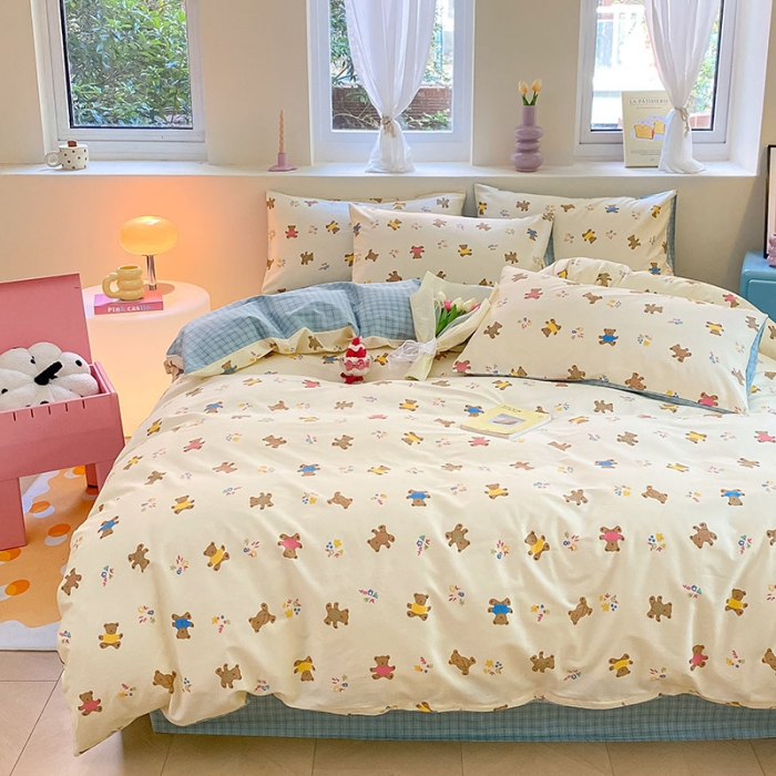 91家纺网 家纺一手货源 找家纺 桃子 2023新款ins小清新碎花卡通纯棉系列四件套 棉-饼干熊