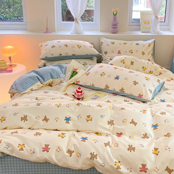 91家纺网 家纺一手货源 找家纺 桃子 2023新款ins小清新碎花卡通纯棉系列四件套 棉-饼干熊