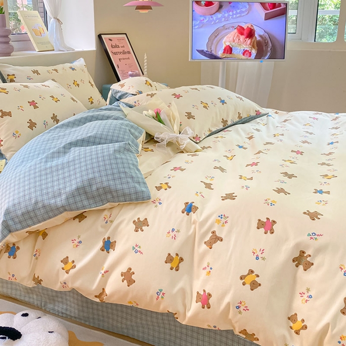 91家纺网 家纺一手货源 找家纺 桃子 2023新款ins小清新碎花卡通纯棉系列四件套 棉-饼干熊