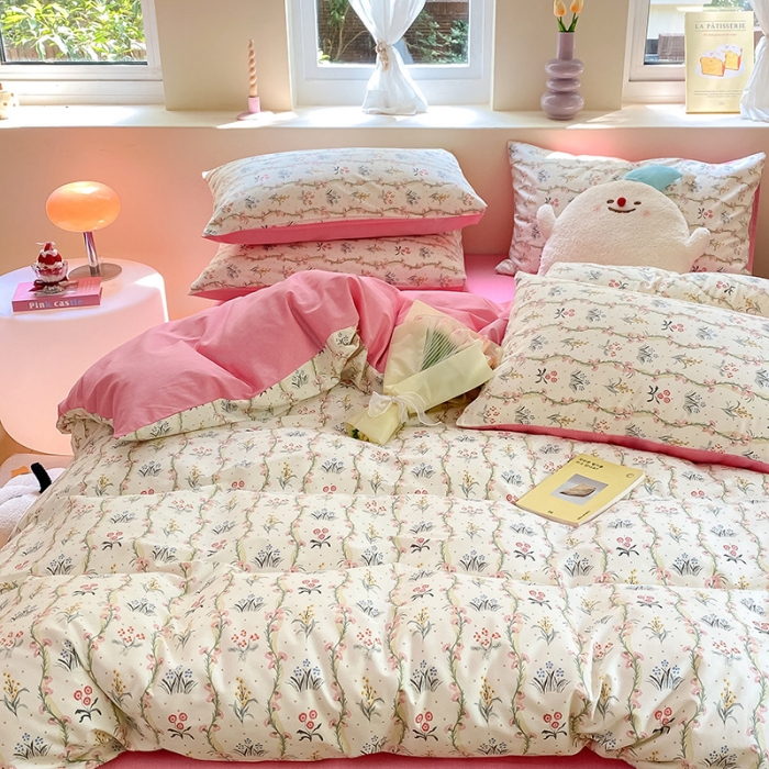 91家纺网 家纺一手货源 找家纺 桃子 2023新款ins小清新碎花卡通纯棉系列四件套 棉-春意