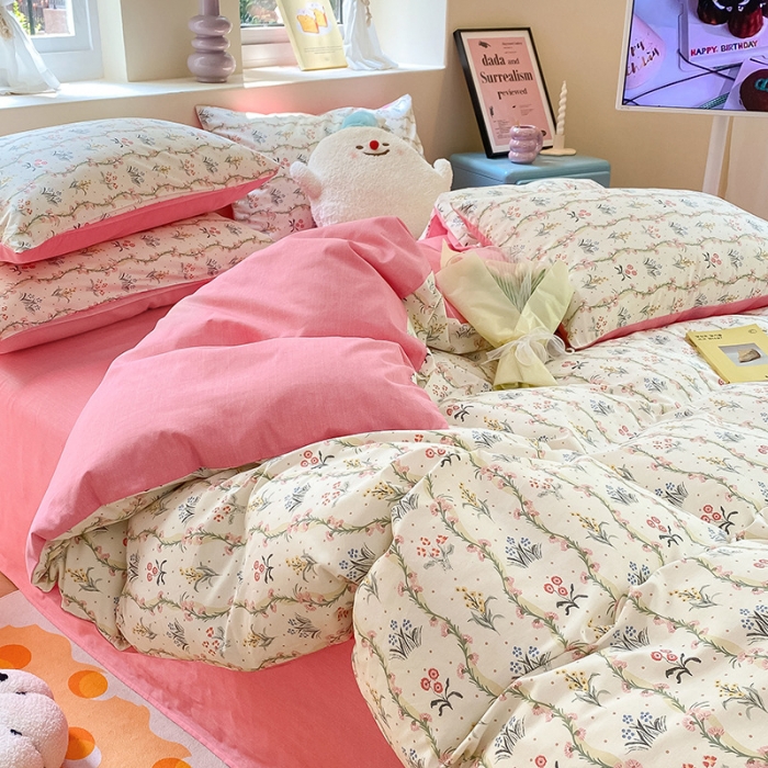 91家纺网 家纺一手货源 找家纺 桃子 2023新款ins小清新碎花卡通纯棉系列四件套 棉-春意