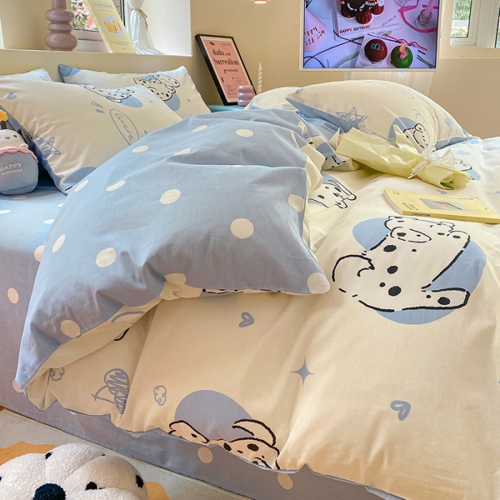 91家纺网 家纺一手货源 找家纺 桃子 2023新款ins小清新碎花卡通纯棉系列四件套 棉-调皮小狗