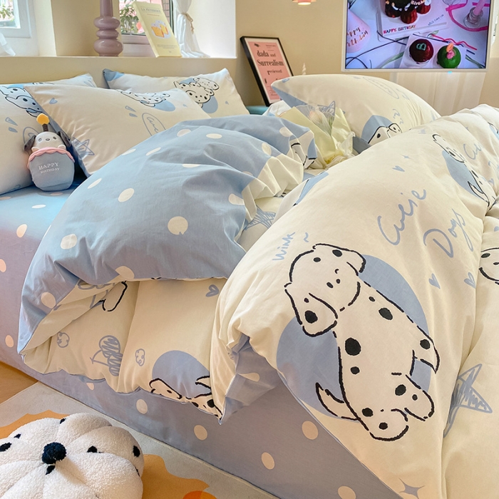 91家纺网 家纺一手货源 找家纺 桃子 2023新款ins小清新碎花卡通纯棉系列四件套 棉-调皮小狗