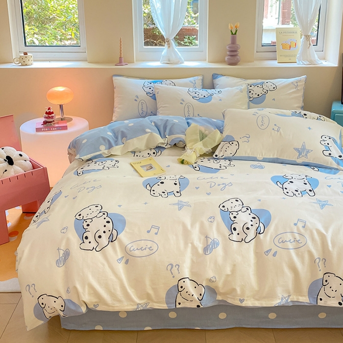 91家纺网 家纺一手货源 找家纺 桃子 2023新款ins小清新碎花卡通纯棉系列四件套 棉-调皮小狗