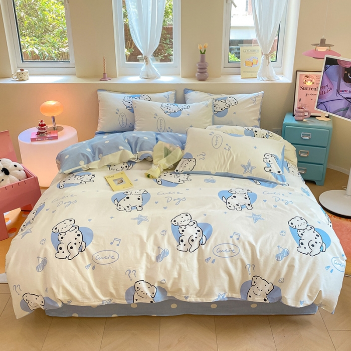 91家纺网 家纺一手货源 找家纺 桃子 2023新款ins小清新碎花卡通纯棉系列四件套 棉-调皮小狗