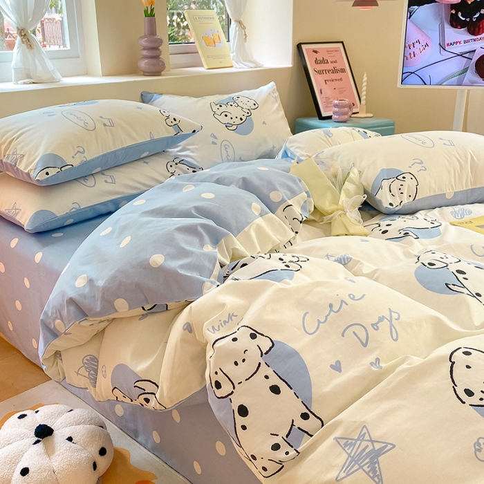 91家纺网 家纺一手货源 找家纺 桃子 2023新款ins小清新碎花卡通纯棉系列四件套 棉-调皮小狗