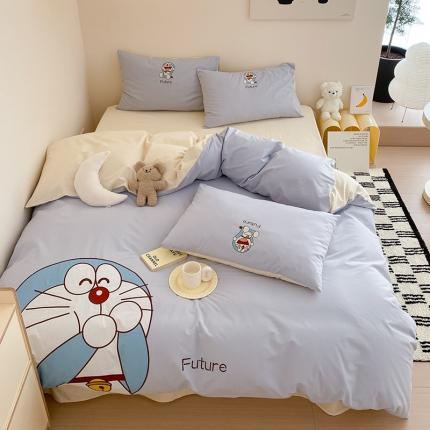 91家纺网 家纺一手货源 找家纺 猪先生 2023新款 叮当猫纯棉绣花四件套 捂嘴哆啦蓝